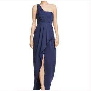 BCBGMaxazria Kristine Navy One Shoulder Gown